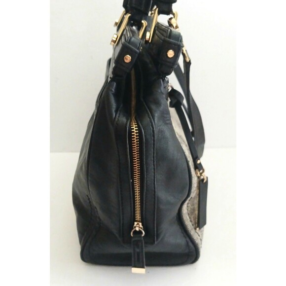 Vince Camuto Fiona Lg Blk Leather Satchel w Crossbody Tan Print Gold Hardware - Picture 5 of 16